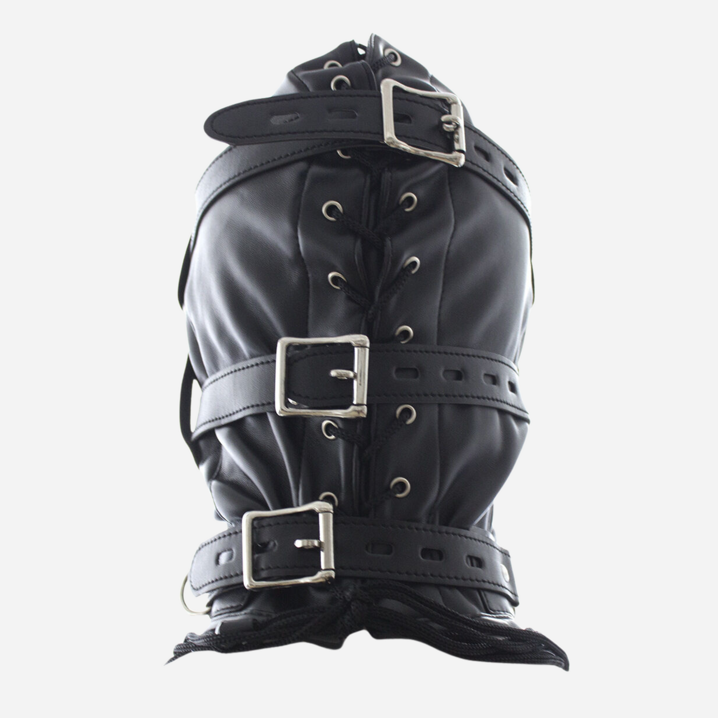 Our Premium Black Leather Hood Mask featuring a lace-up back, adjustable blindfold, and muzzle. Crafted from premium genuine leather, this hood combines luxury with functionality. It includes adjustable straps for a secure fit and a customizable size option. Explore our full range of high-quality fetish gear and accessories.