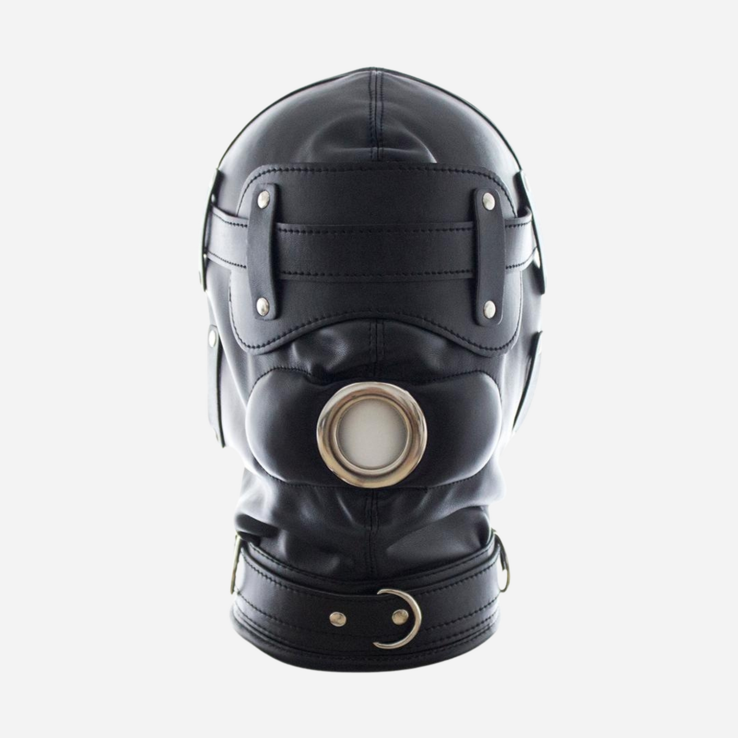 Our Premium Black Leather Hood Mask featuring a lace-up back, adjustable blindfold, and muzzle. Crafted from premium genuine leather, this hood combines luxury with functionality. It includes adjustable straps for a secure fit and a customizable size option. Explore our full range of high-quality fetish gear and accessories.