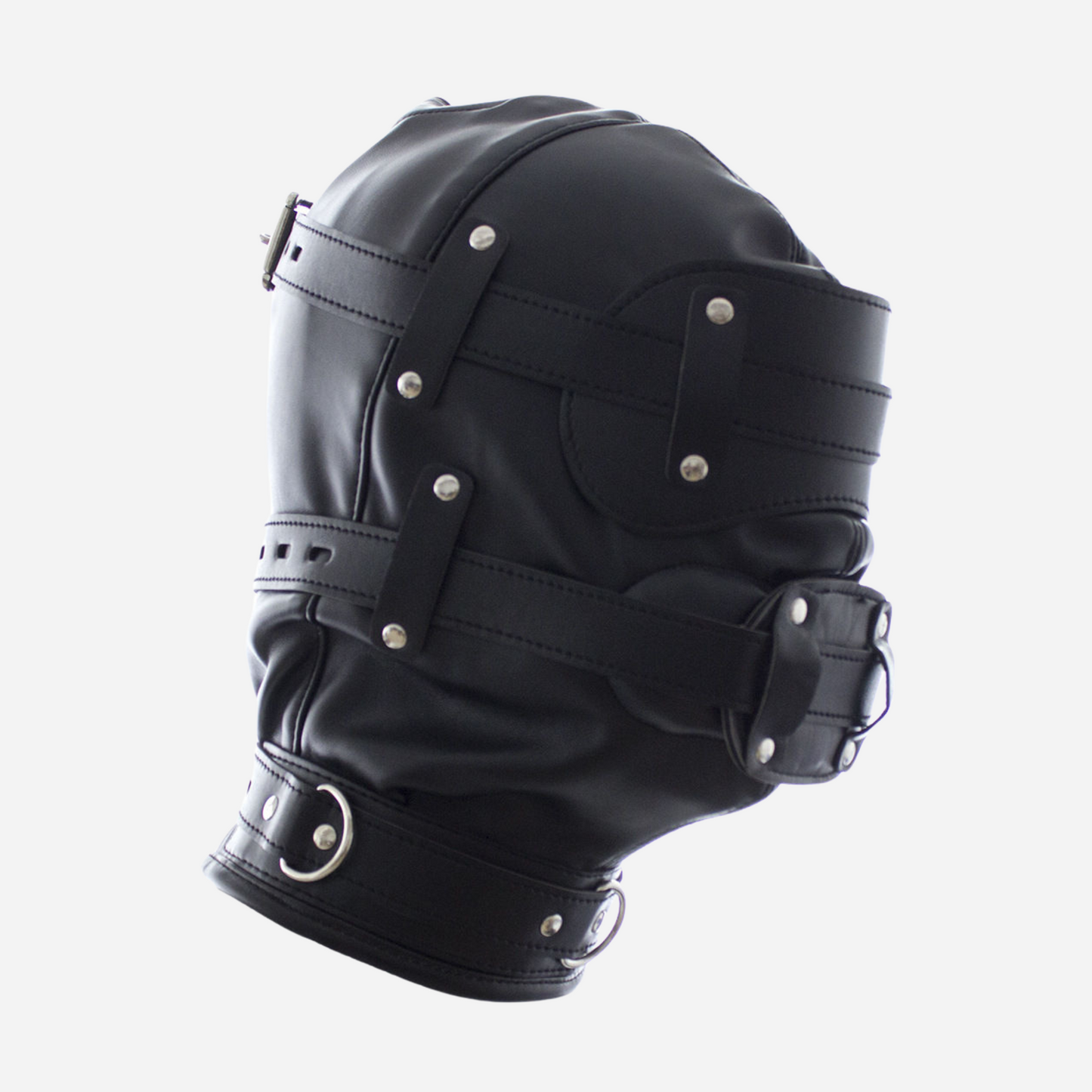 Our Premium Black Leather Hood Mask featuring a lace-up back, adjustable blindfold, and muzzle. Crafted from premium genuine leather, this hood combines luxury with functionality. It includes adjustable straps for a secure fit and a customizable size option. Explore our full range of high-quality fetish gear and accessories.