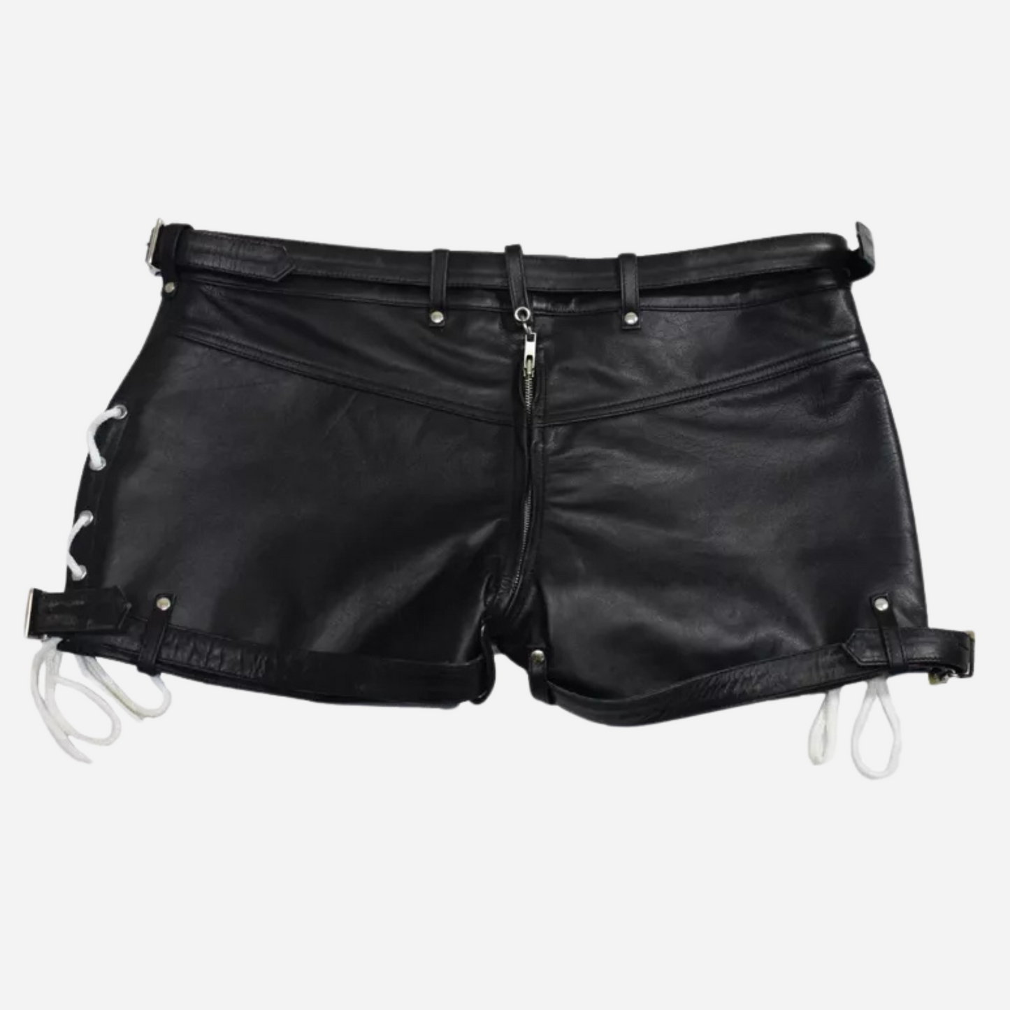Our Leather Chastity Shorts for Men, made from premium black cowhide leather. With a unique two-way zipper, detachable pouch, and adjustable fit, these handmade shorts blend style and functionality. Available in all sizes, they're perfect for bold fashion statements and adventurous spirits. Shop now!