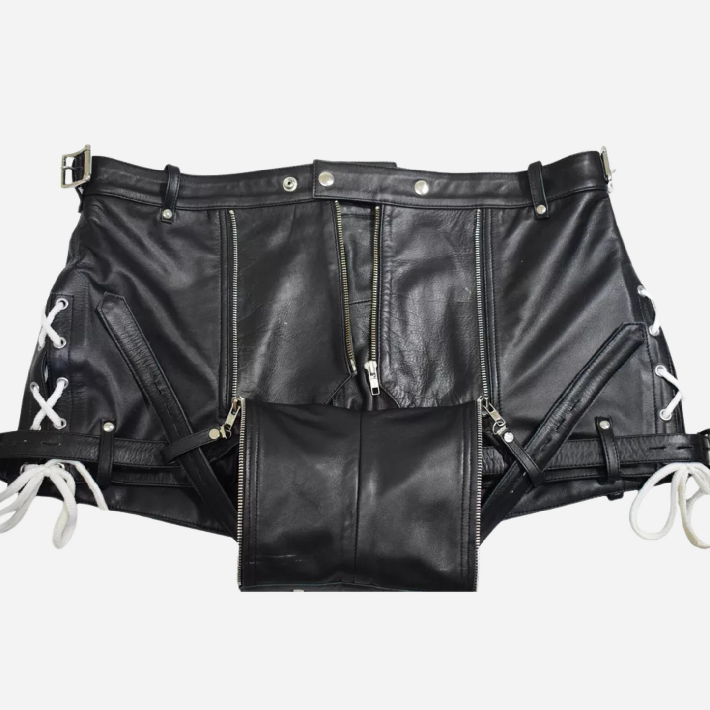 Our Leather Chastity Shorts for Men, made from premium black cowhide leather. With a unique two-way zipper, detachable pouch, and adjustable fit, these handmade shorts blend style and functionality. Available in all sizes, they're perfect for bold fashion statements and adventurous spirits. Shop now!