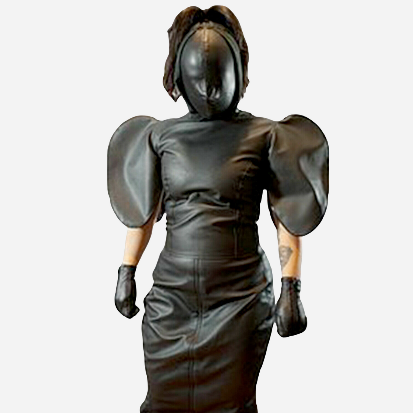 Real Leather Bodycon dress with lace up back and zipper fastening sides. Detachable suffocating Hood Mask.