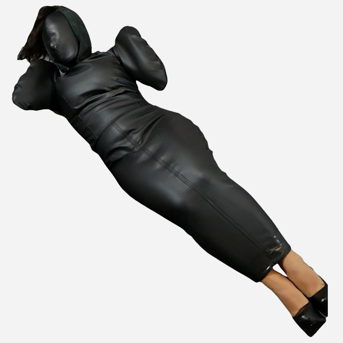 Real Leather Bodycon dress with lace up back and zipper fastening sides. Detachable suffocating Hood Mask.