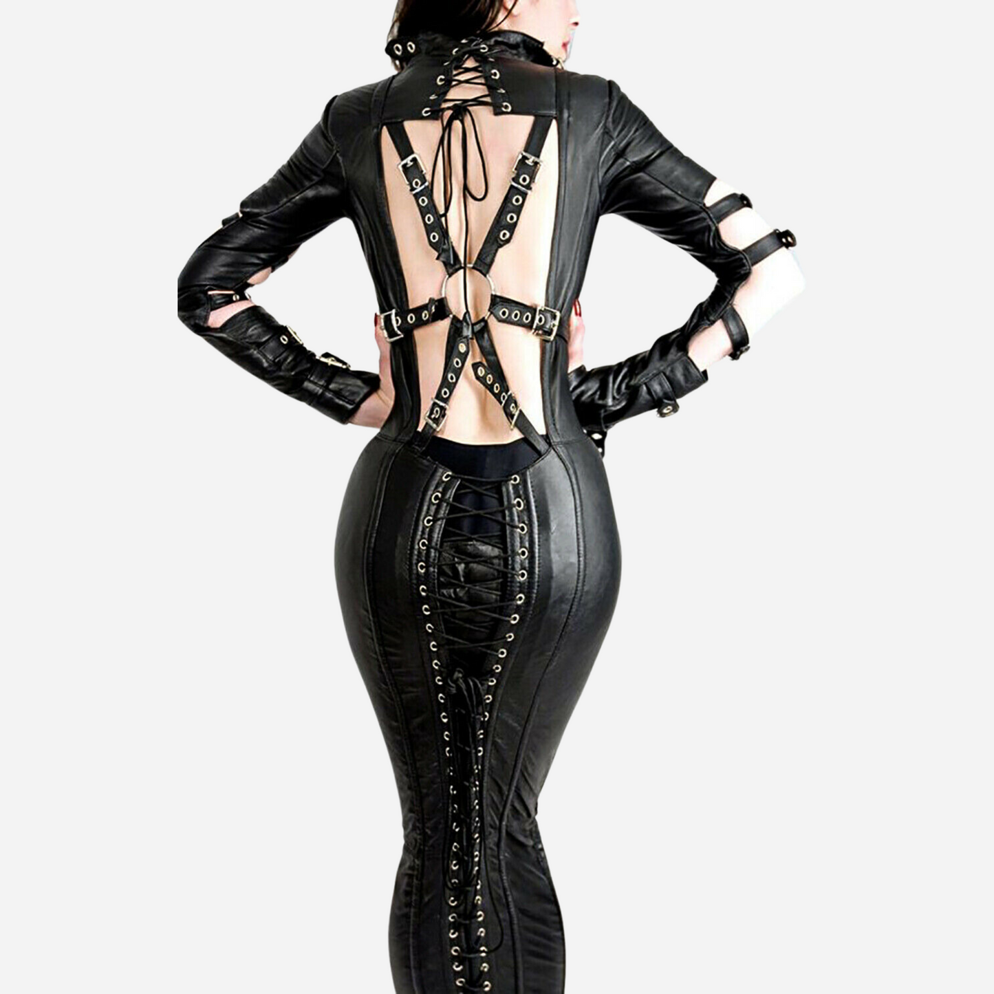 Leather Corset Dress with lace up back, belted back & sleeves. Full length sexy hobble dress.