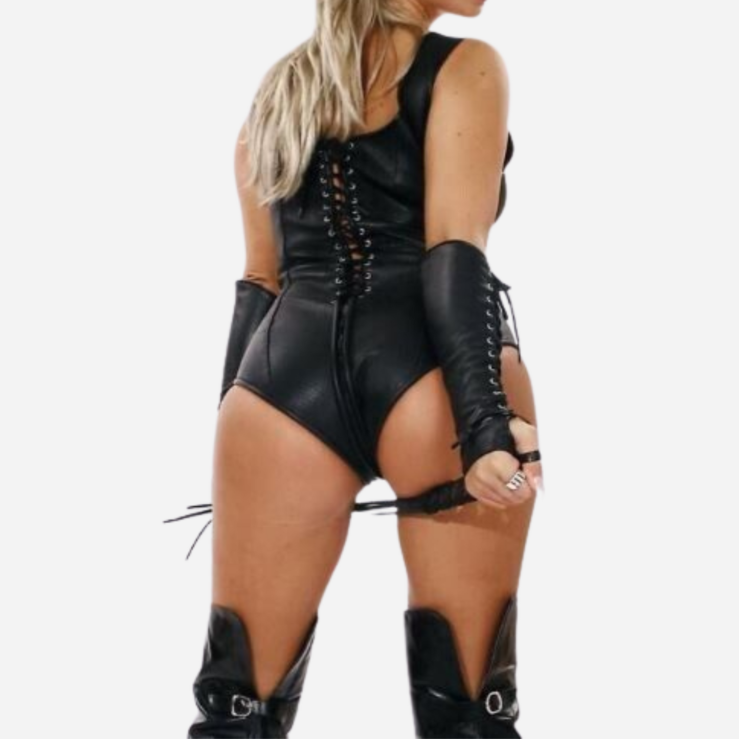 Genuine Leather Sexy Bodysuit with zipper front and lacing back.