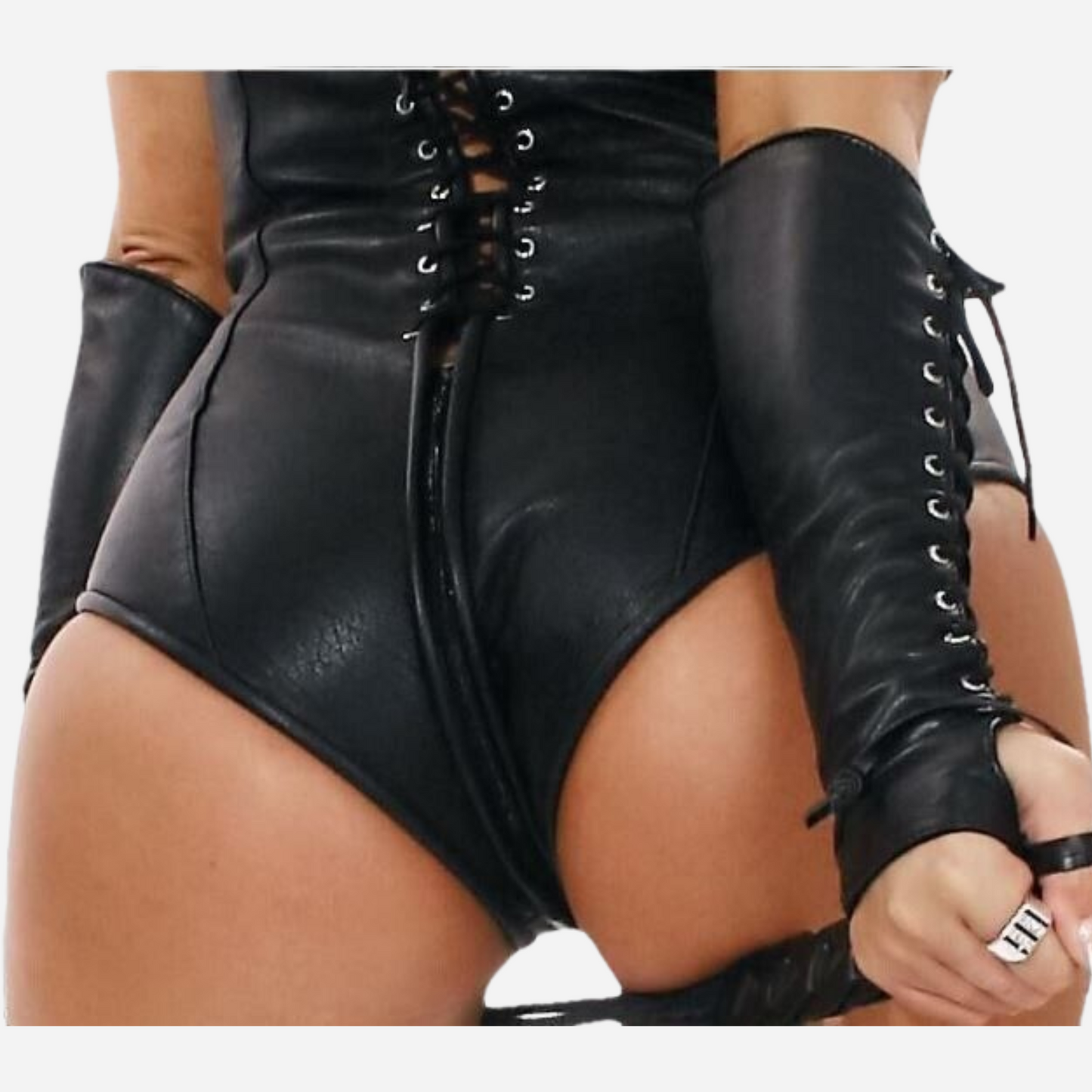 Genuine Leather Sexy Bodysuit with zipper front and lacing back.
