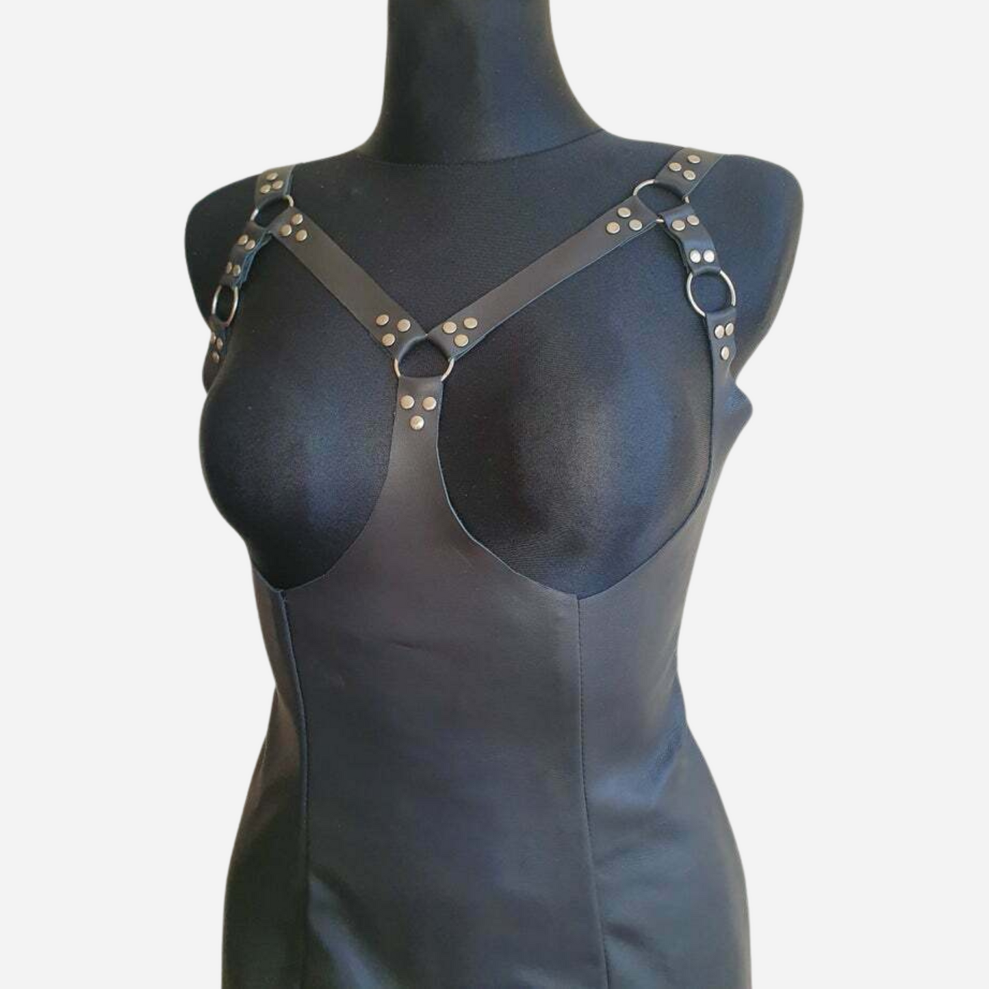 Genuine Leather sexy cup-less bodycon dress with adjustable straps and zipper fastening back.