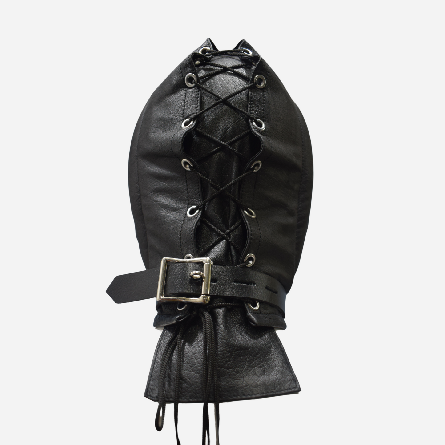 Upgrade your wardrobe with our Premium Genuine Leather Padded Hood. Made from 100% finest quality leather, this stylish black hood features soft padding, adjustable collar with D-ring, lace-up back closure, and double-stitch durability. One size fits all (22" head circumference). Shop now for luxury and comfort!