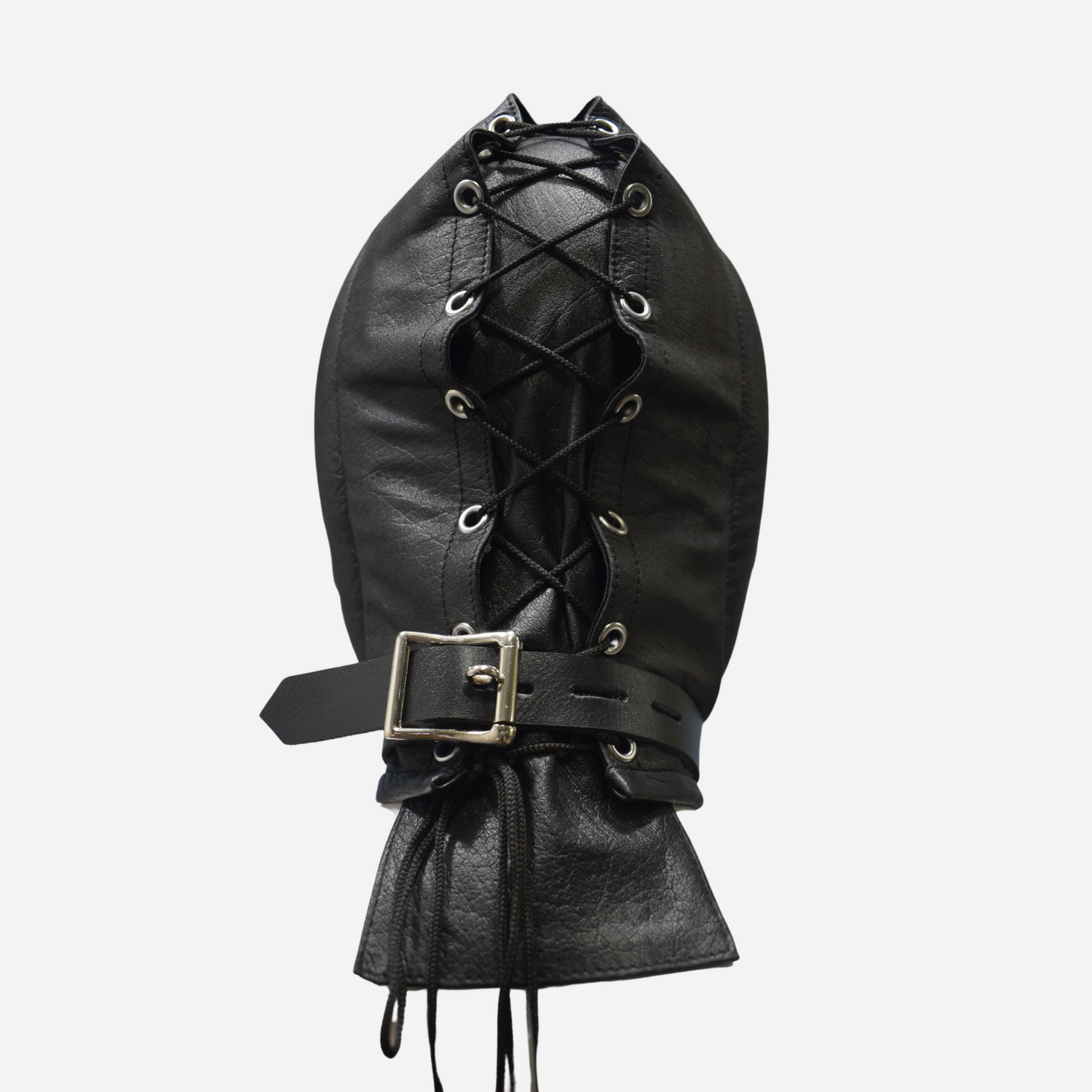 Upgrade your wardrobe with our Premium Genuine Leather Padded Hood. Made from 100% finest quality leather, this stylish black hood features soft padding, adjustable collar with D-ring, lace-up back closure, and double-stitch durability. One size fits all (22" head circumference). Shop now for luxury and comfort!