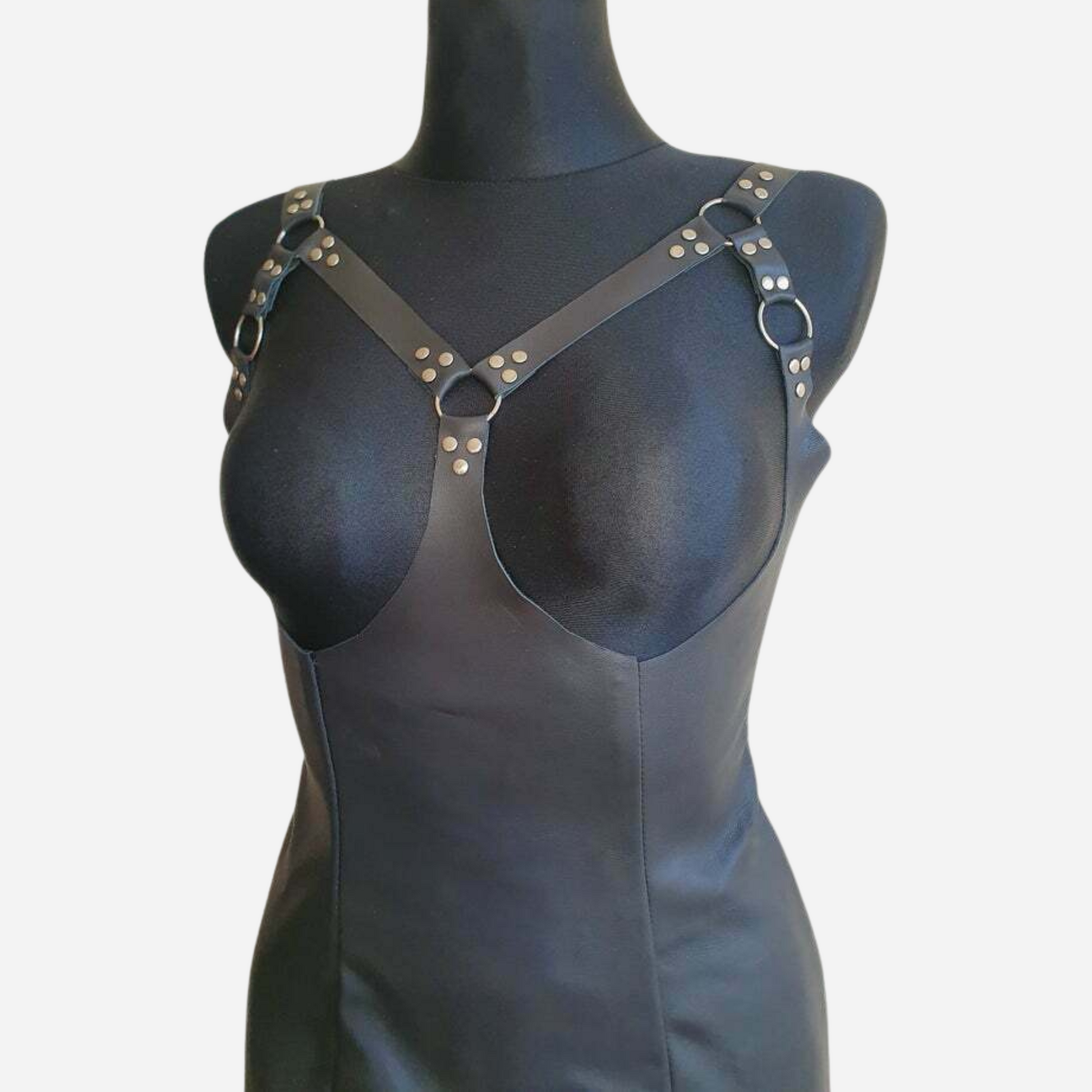 Genuine Leather sexy cup-less bodycon dress with adjustable straps and zipper fastening back.